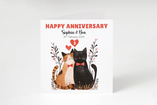Personalised Cute Cats Anniversary Card - Custom Couple Names, Date and Years of Anniversary for Wedding, Dating, Relationship Milestones –1st, 2nd,10th, 20th - For Cat Lovers, Him, Her, Wife, Husband
