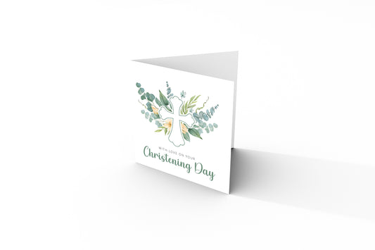 Christening Day/ Baptism Card for Boys or Girls - Elegant Religious Baptism Card with Cross & Greenery for Son, Daughter, Grandson, Granddaughter, Nephew, Niece - Green Envelope Included