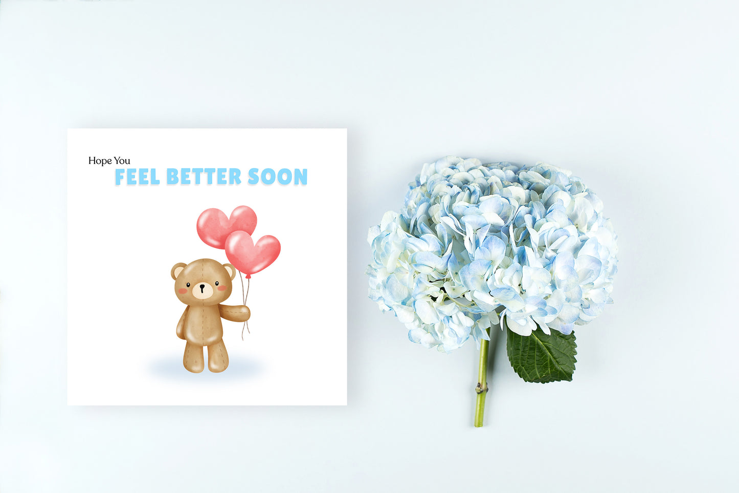 Hope You Feel Better Soon Card – Cute Teddy Bear with Heart Balloons – Get Well Soon Greeting Card – Encouragement Card for Kids, Adults, Friends, Coworkers and loved ones - Blue Envelop Included
