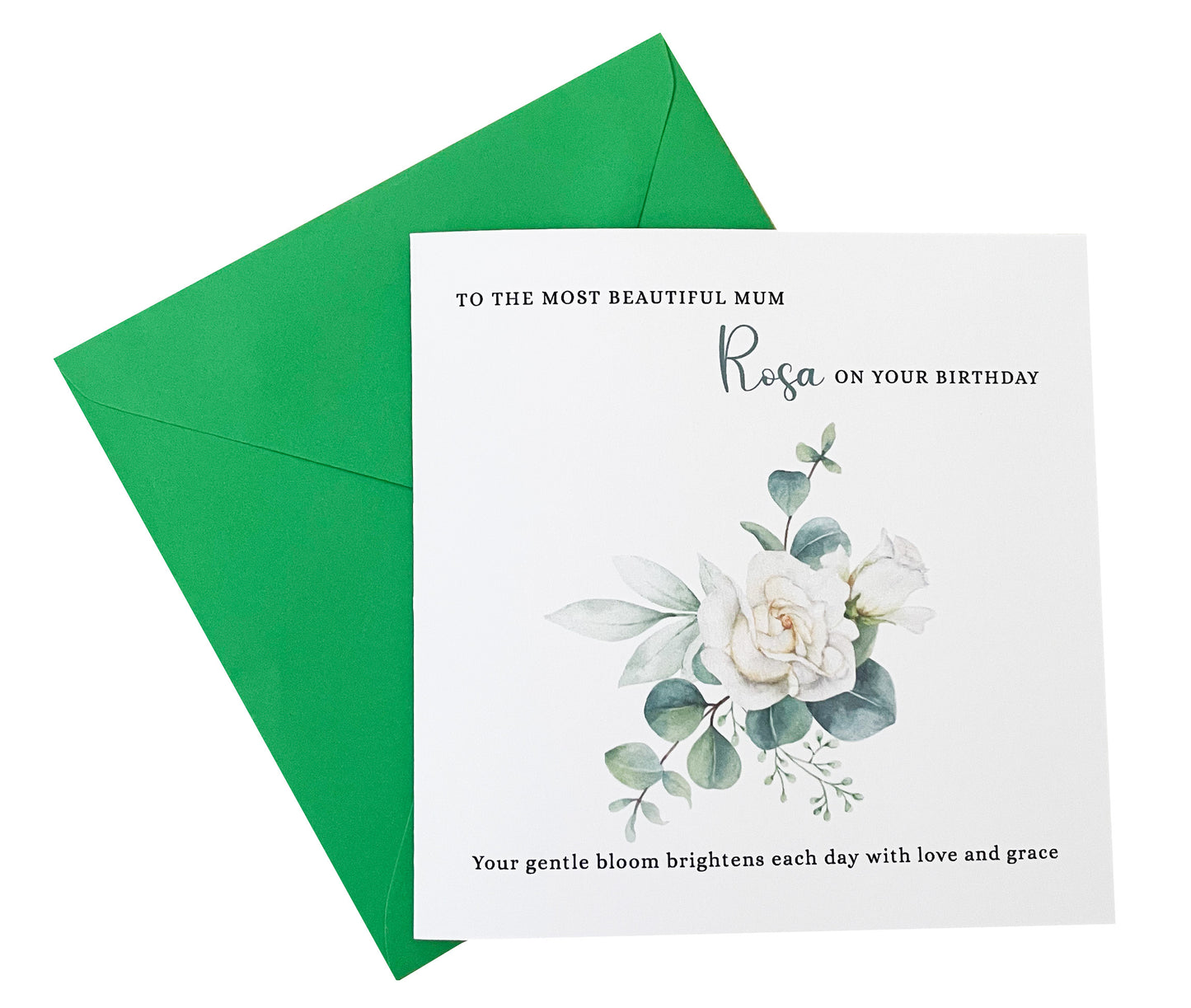 Personalised Mum Birthday Card – Elegant White Rose Flower Design – Custom Name & Message – Handmade Floral Watercolour Card for Mother, Mummy, Mam – Green Envelope Included