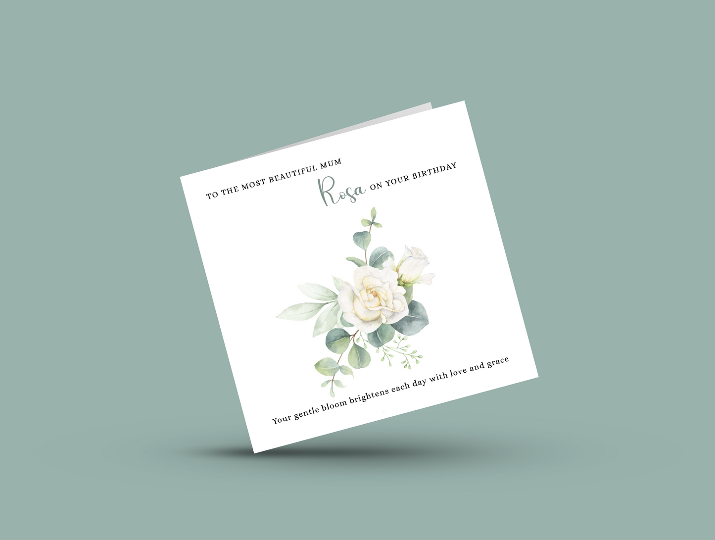 Personalised Mum Birthday Card – Elegant White Rose Flower Design – Custom Name & Message – Handmade Floral Watercolour Card for Mother, Mummy, Mam – Green Envelope Included