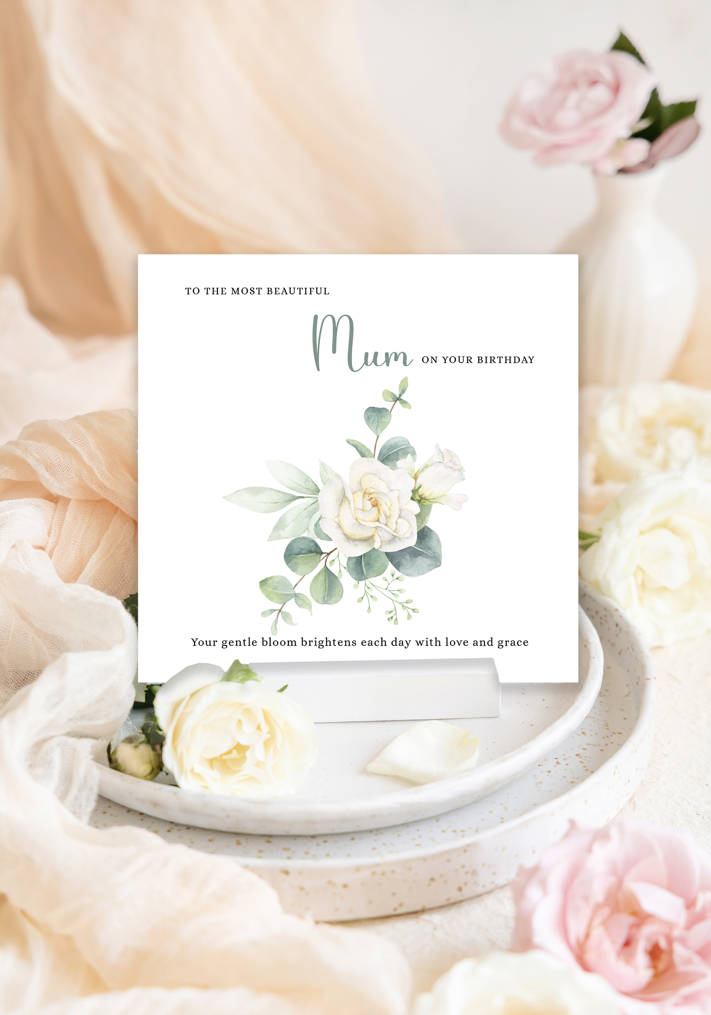 Rose Floral Birthday Card – Watercolour Flowers for Mum or Mother - Green Envelope Included