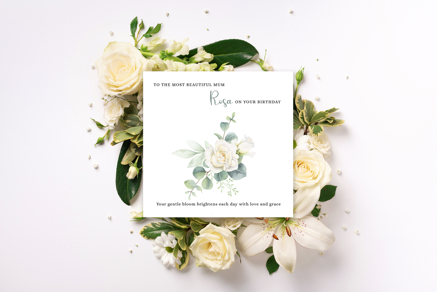 Personalised Mum Birthday Card – Elegant White Rose Flower Design – Custom Name & Message – Handmade Floral Watercolour Card for Mother, Mummy, Mam – Green Envelope Included