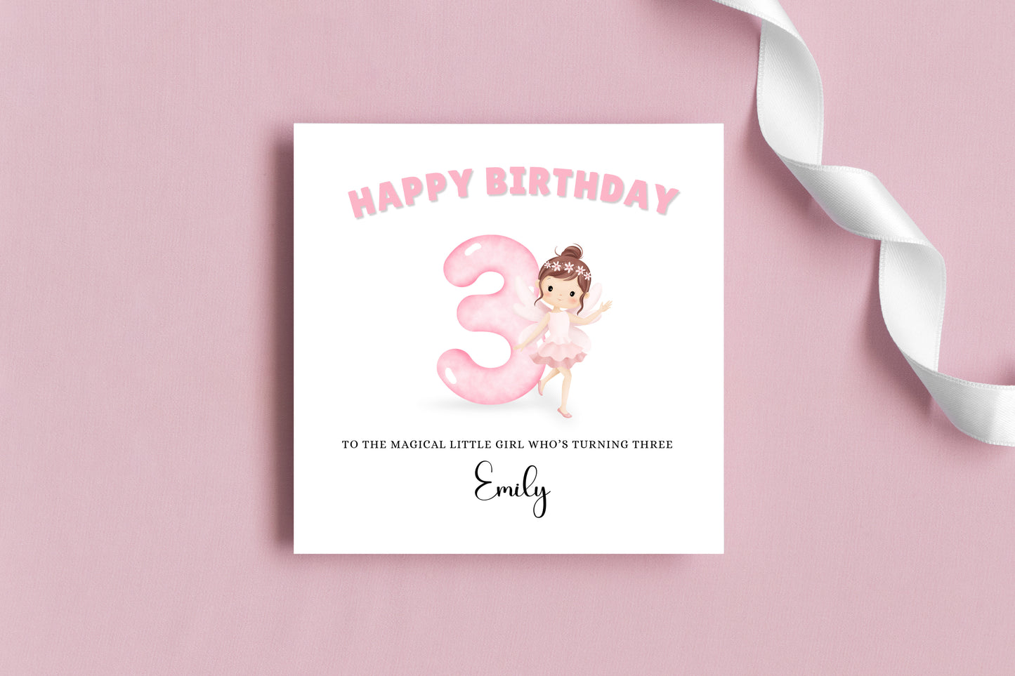Fairy -Personalised Watercolour Style 3 Year Old Birthday Folded Card for Girls who loves Fairy Tales, Custom Name and Message Happy 3rd Birthday Card, Customisable Birthday Card for Children