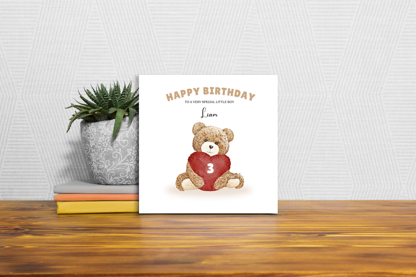 Teddy Bear with Heart-shaped Balloon-Personalised Birthday Folded Card for Boys, Custom Name, Age and Message, Watercolour Effect Happy Birthday Card, Any Age Birthday, 1st 2nd 3rd 4th 5th 6th 7th 8th 9th 10th, Customisable Birthday Card for Children