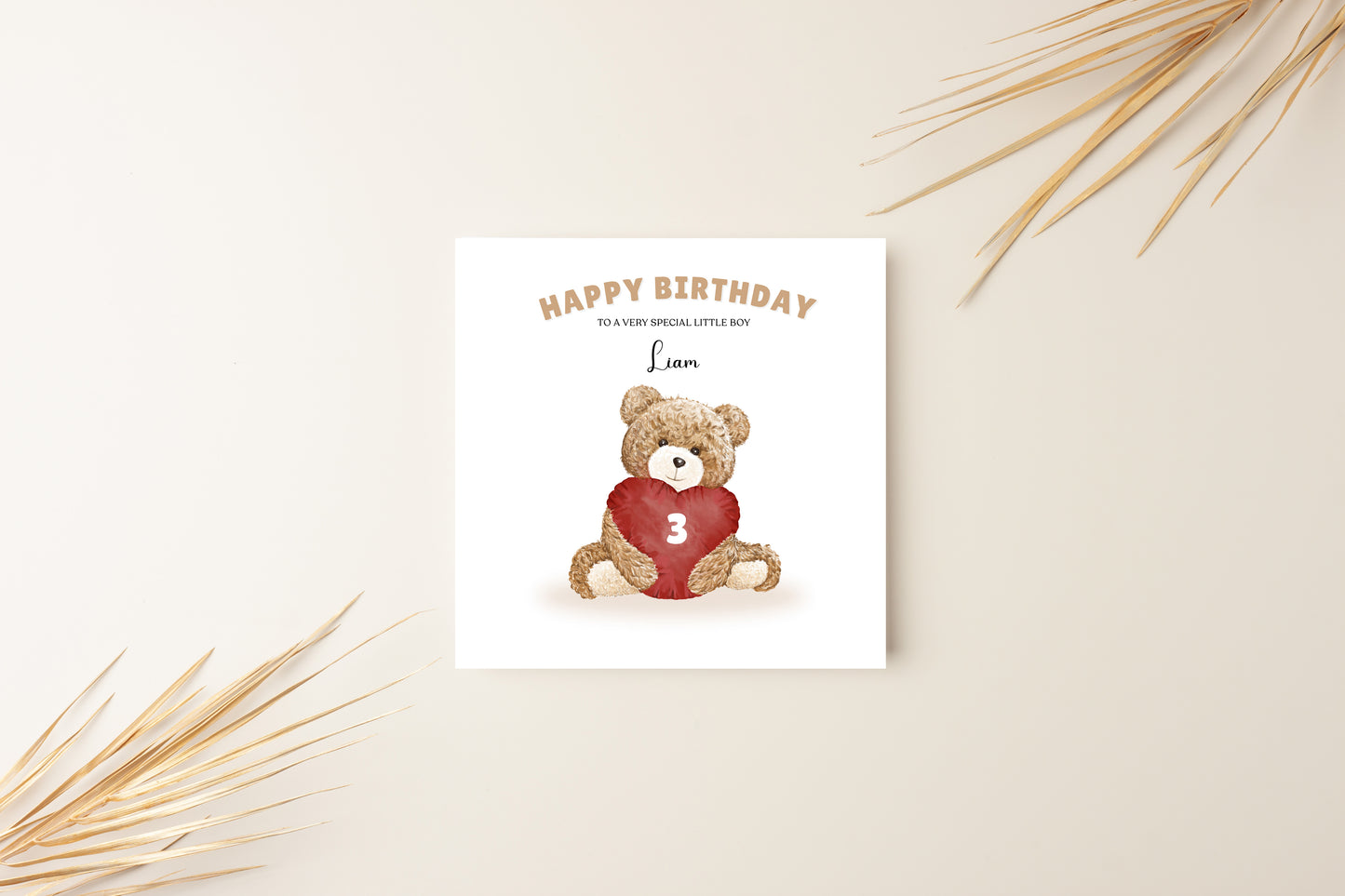 Teddy Bear with Heart-shaped Balloon-Personalised Birthday Folded Card for Boys, Custom Name, Age and Message, Watercolour Effect Happy Birthday Card, Any Age Birthday, 1st 2nd 3rd 4th 5th 6th 7th 8th 9th 10th, Customisable Birthday Card for Children
