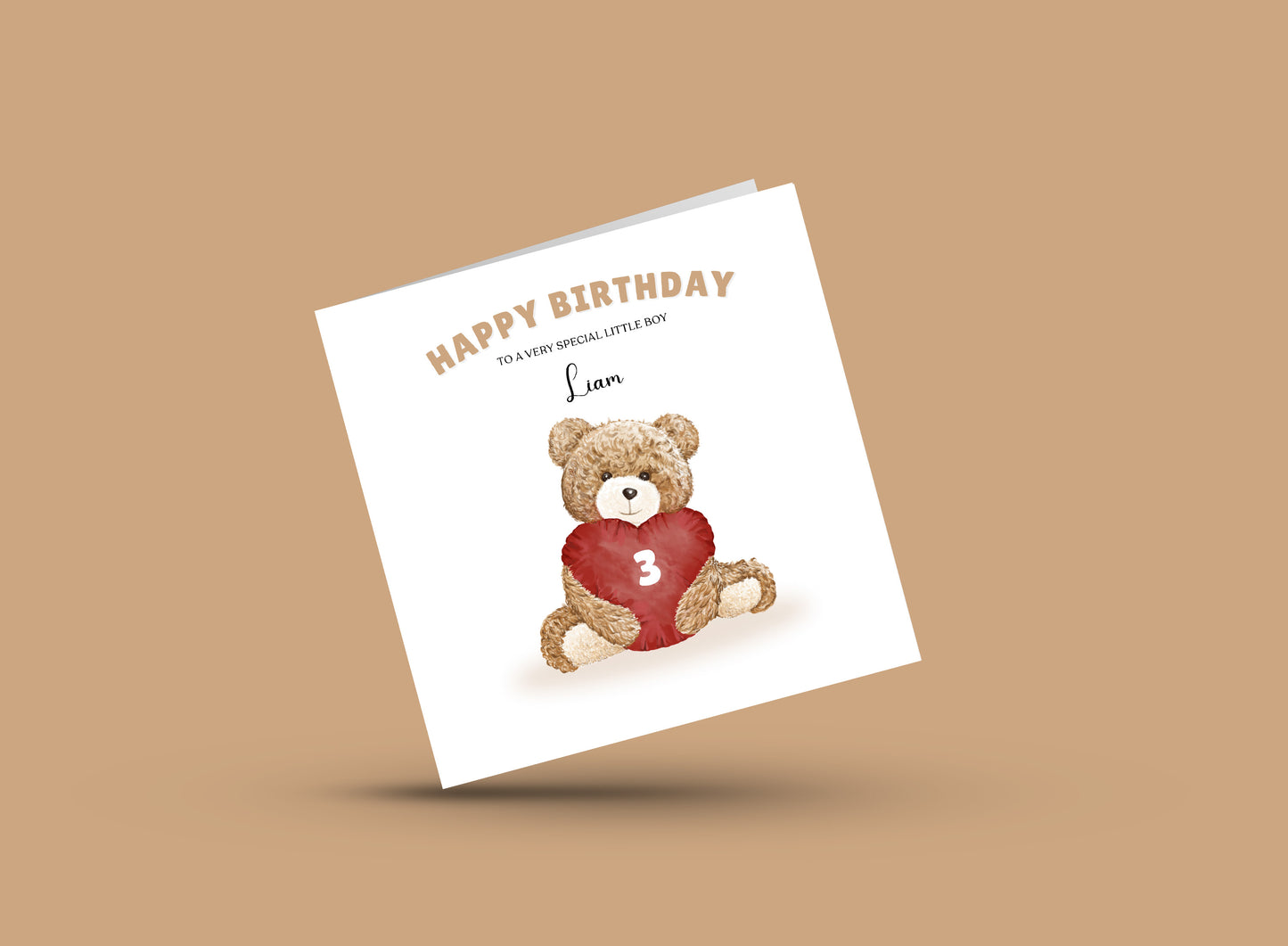 Teddy Bear with Heart-shaped Balloon-Personalised Birthday Folded Card for Boys, Custom Name, Age and Message, Watercolour Effect Happy Birthday Card, Any Age Birthday, 1st 2nd 3rd 4th 5th 6th 7th 8th 9th 10th, Customisable Birthday Card for Children