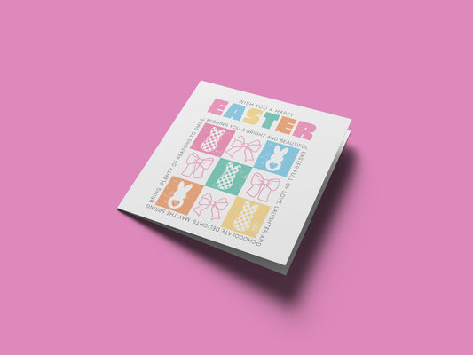 Cute Checkerboard Bunny Happy Easter Card – Bunny & Bow Design – Sweet Easter Wishes and Spring Greeting Card for Family, Girls, Teens, Friends, Kids, Loved Ones - Pink Envelope Included