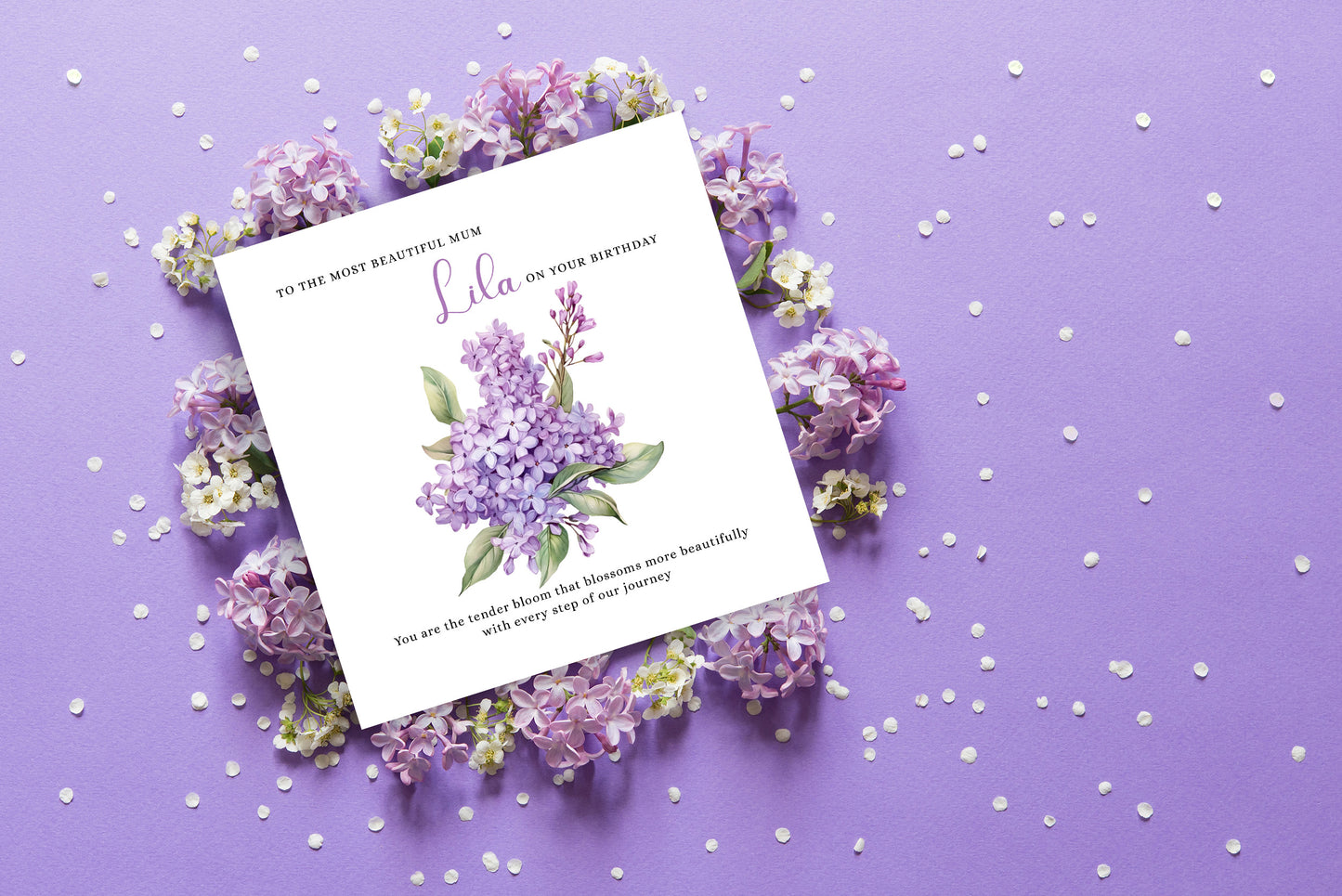 Personalised Mum Birthday Card – Elegant Lilac Flower Design – Custom Name & Message – Handmade Floral Watercolour Card for Mother, Mummy, Mam – Purple Envelope Included