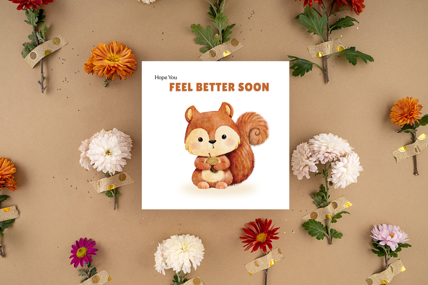 Hope You Feel Better Soon Card - Cute Squirrel Design - Get Well Soon Greeting Card for Friends, Kids, loved Ones - Brown Envelope Included