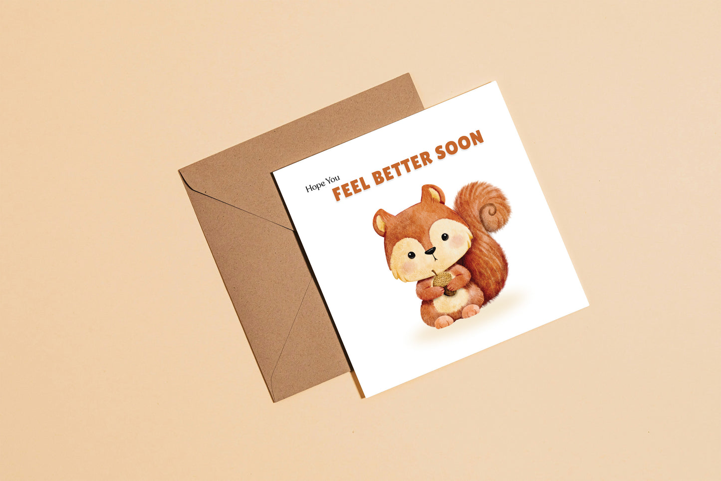 Hope You Feel Better Soon Card - Cute Squirrel Design - Get Well Soon Greeting Card for Friends, Kids, loved Ones - Brown Envelope Included