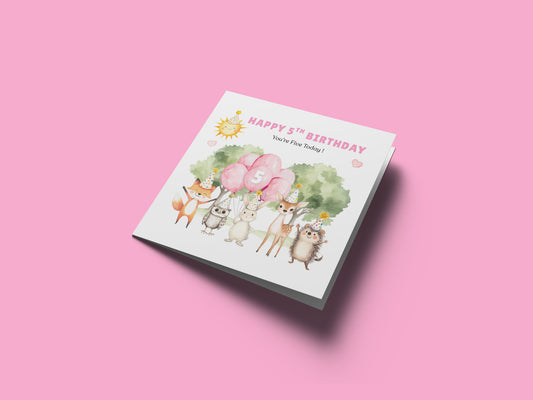 Woodland Animals 5th Birthday Card for Girls – Forest Animals Design Birthday Card for Age 5 Years Old Girl, Kids, Daughter, Granddaughter, Niece – Pink Envelope Included