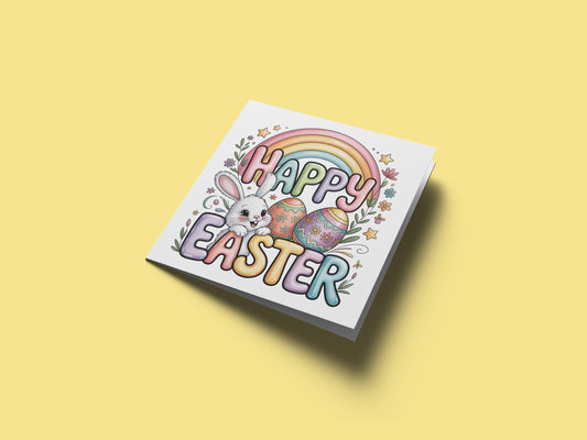 Happy Easter Card with Bunny and Rainbow Design – Cute Spring Holiday Card for Family, Kids, Boys, Girls, Son, Daughter, Nephew, Niece, Granddaughter, Grandson – Yellow Envelope Included