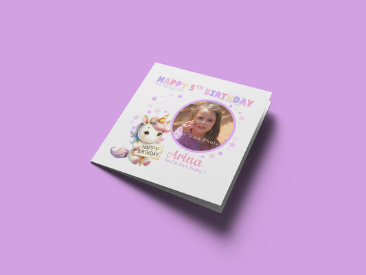 Personalised Photo 5 Years Old 5th Birthday Card for Girls – Unicorn Design with Custom Photo & Name for Age 5 Years Old Kid, Daughter, Granddaughter, Niece - Purple Envelope Included