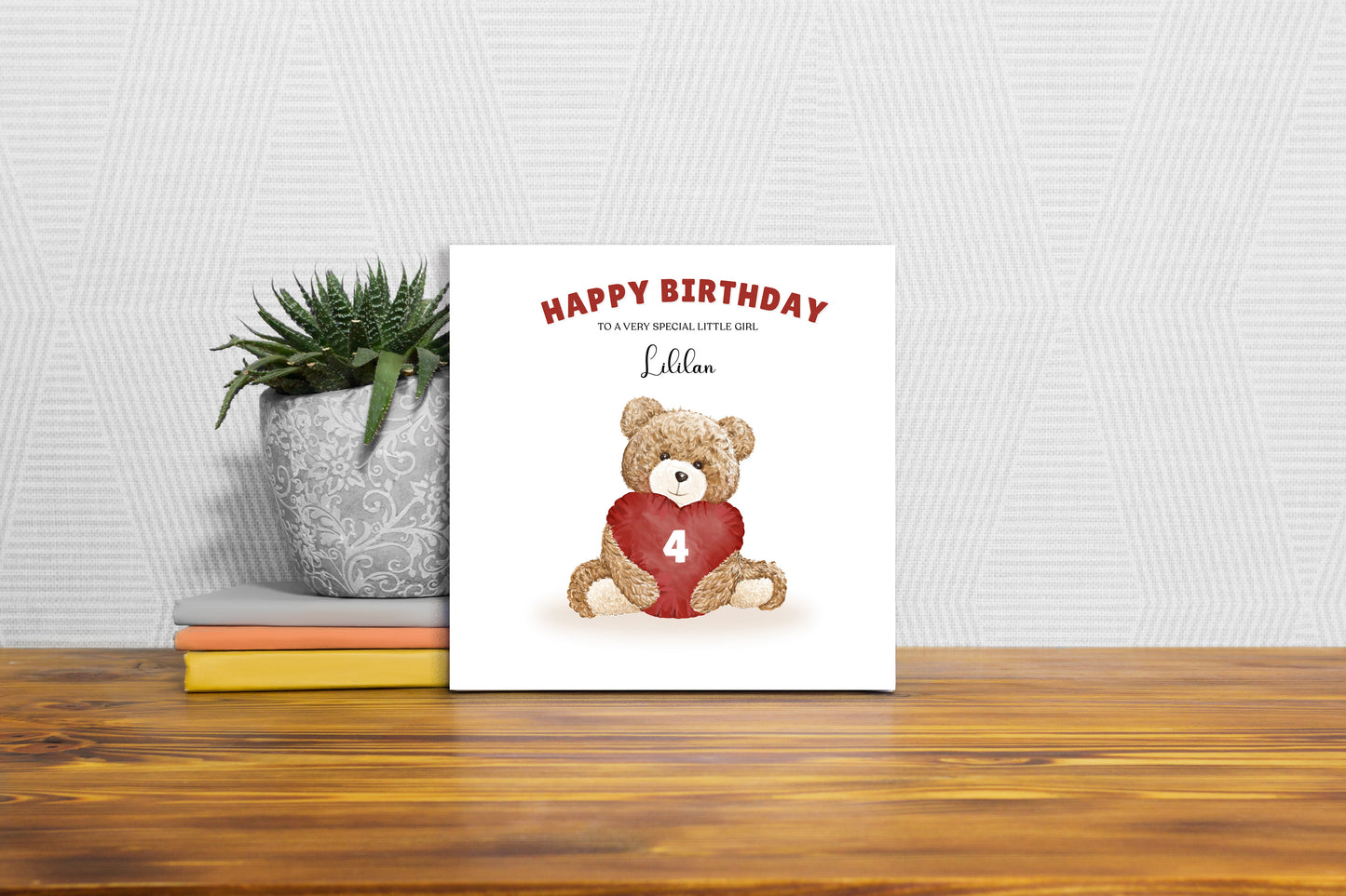 Teddy Bear with Heart-shaped Cushion -Personalised Birthday Folded Card for Girls, Custom Name, Age and Message, Watercolour Effect Happy Birthday Card, Any Age Birthday, 1st 2nd 3rd 4th 5th 6th 7th 8th 9th 10th, Customisable Birthday Card for Children