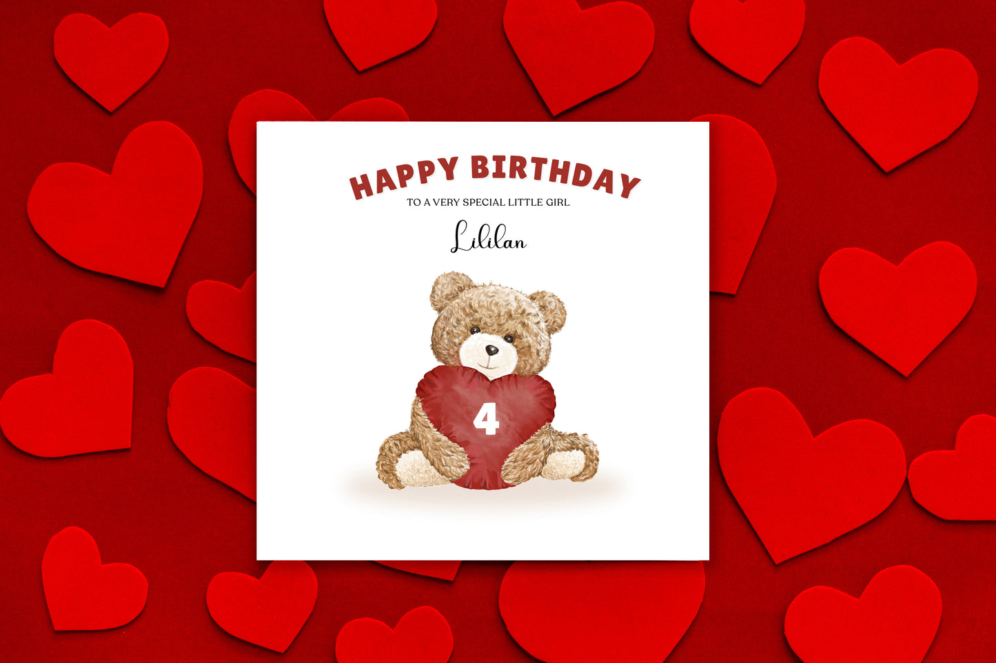 Teddy Bear with Heart-shaped Cushion -Personalised Birthday Folded Card for Girls, Custom Name, Age and Message, Watercolour Effect Happy Birthday Card, Any Age Birthday, 1st 2nd 3rd 4th 5th 6th 7th 8th 9th 10th, Customisable Birthday Card for Children