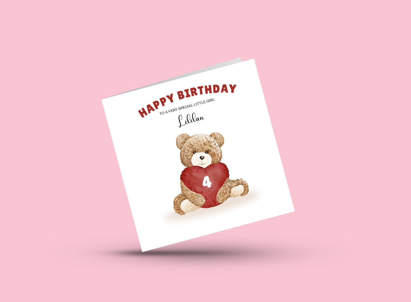 Teddy Bear with Heart-shaped Cushion -Personalised Birthday Folded Card for Girls, Custom Name, Age and Message, Watercolour Effect Happy Birthday Card, Any Age Birthday, 1st 2nd 3rd 4th 5th 6th 7th 8th 9th 10th, Customisable Birthday Card for Children