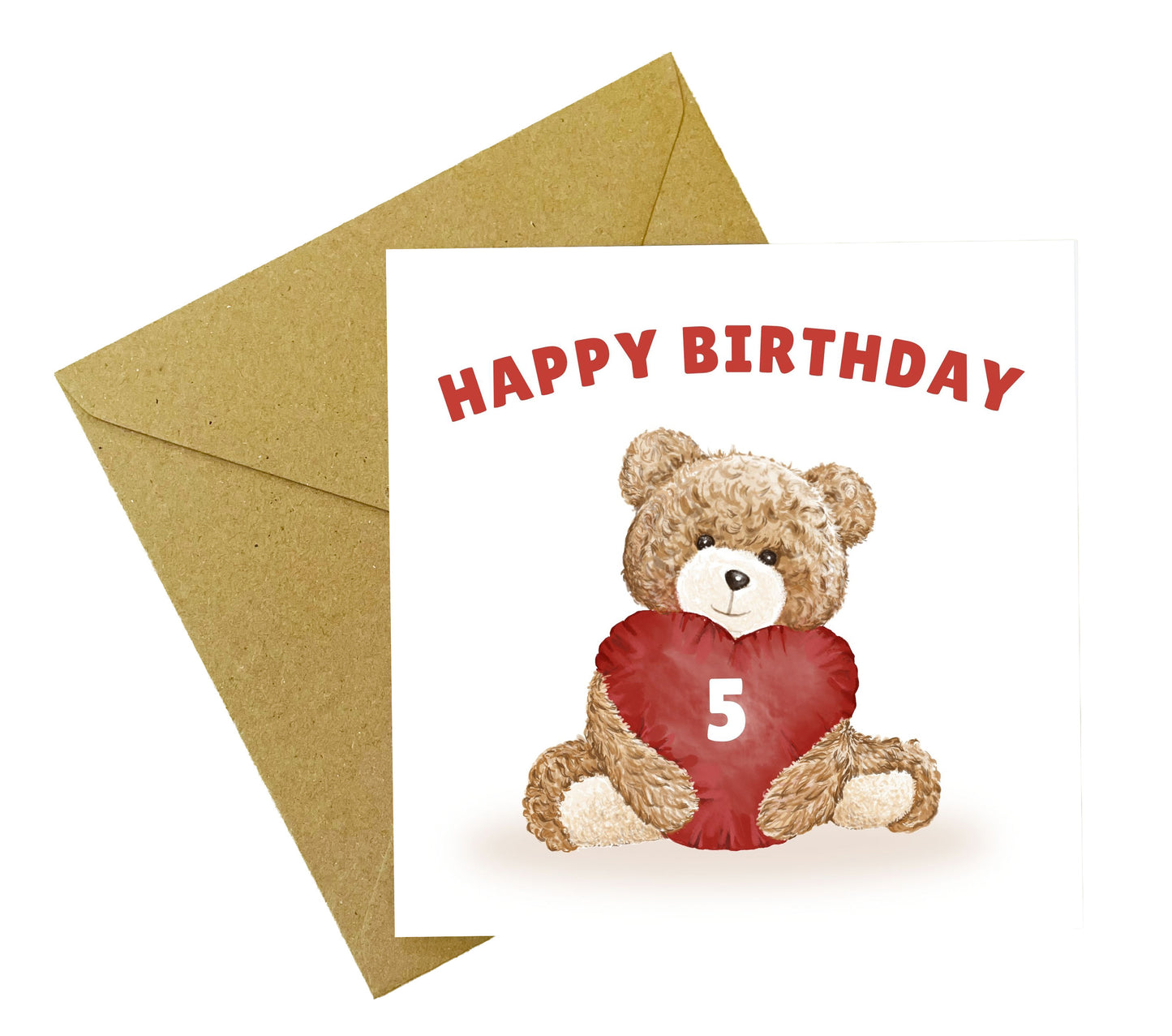 Teddy Bear Birthday Card for Boys and Girls – Heart Cushion with Age (1st, 2nd, 3rd, 4th, 5th, 6th, 7th, 8th, 9th, 10th or Any Age ) Children's Birthday Card – Brown Envelope Included