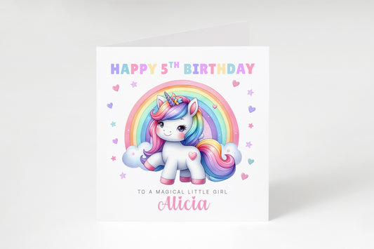 Personalised 5 Years Old 5th Birthday Card for Girls – Magical Unicorn Design with Custom Name & Message - Age 5 Birthday Card for Kids Children Daughter Granddaughter Niece - Purple Envelope Included