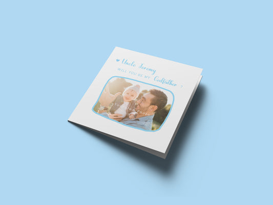 Personalised Photo Godfather Proposal Card - Will You Be My Godfather Card with Custom Name and Photo - Elegant Personalised Baptism Christening Day Proposal Card - Blue Envelope Included