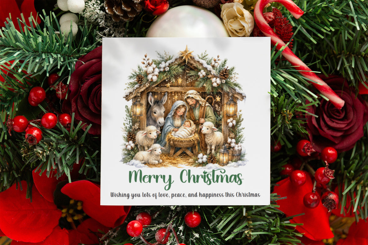 Nativity Christmas Card - Cute Sheep, Donkey, Baby Jesus Design - Elegant Religious Christmas Greeting Card