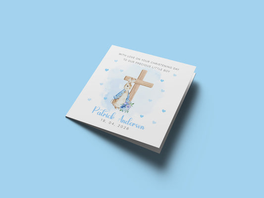 Personalised Christening Card for Boy – Custom Baptism Card with Message, Name & Date - Blue Bunny Cross – Baptism Card for Boys, Son, Grandson, Nephew with Blue Envelope
