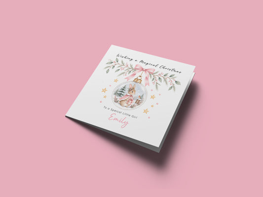 Personalised Christmas Card for Girls – Bunny in a Christmas Bauble