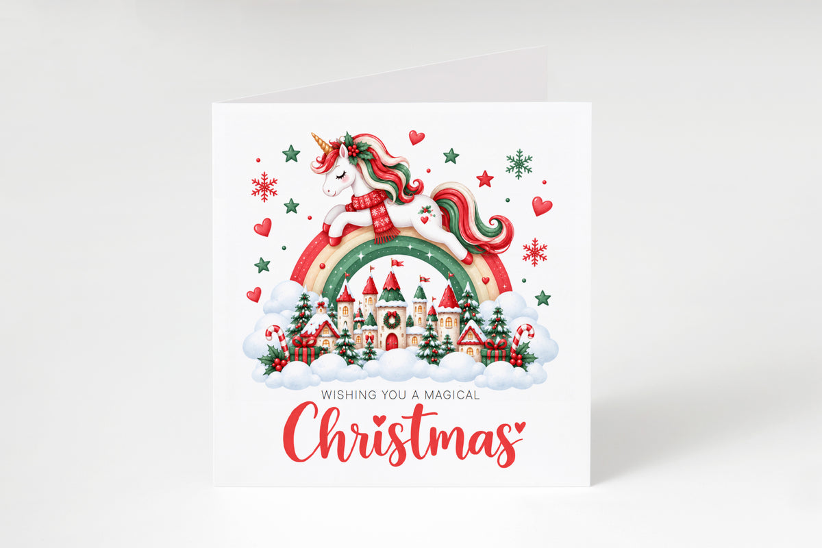 Merry Christmas Card for Girls β Beautiful Magical Unicorn and Xmas Castle