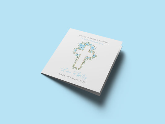 Personalised Christening Card for Boy – Custom Baptism Card with Message, Name & Date - Roses & Cross Design – Religious Baptism Card for Boys, Son, Grandson, Nephew with Blue Envelope
