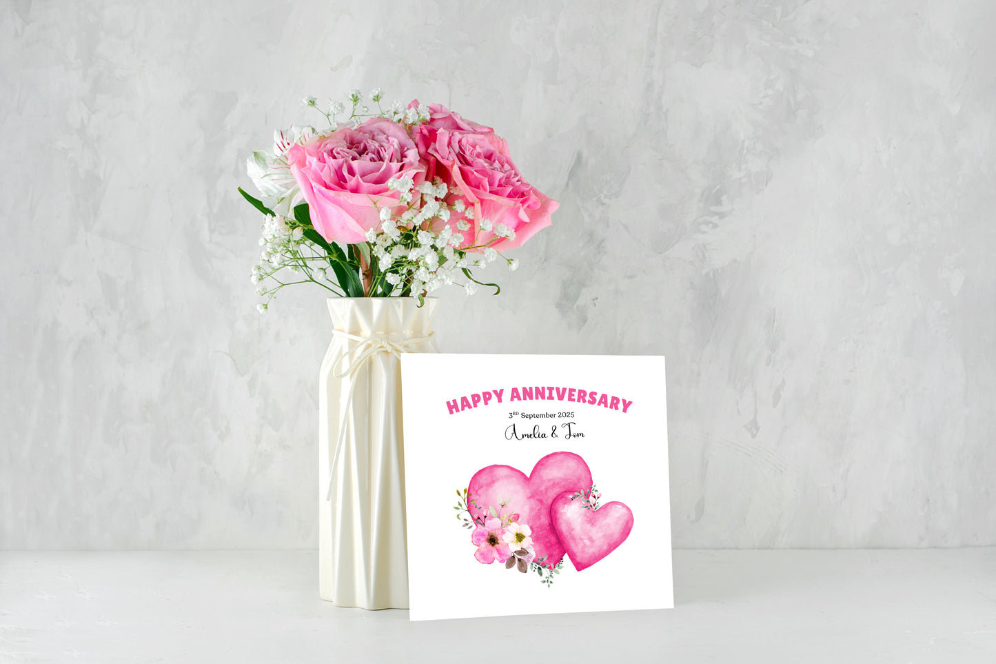 Personalized Wedding Anniversary Card – Two Pink Hearts & Floral Design with Customised Names and Date– for Couples, Husband, Wife, Relationship, Engagement, 1st Date – Pink Envelope Included