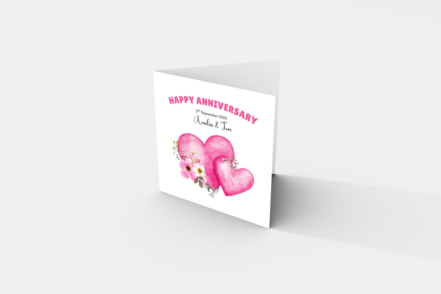 Personalized Wedding Anniversary Card – Two Pink Hearts & Floral Design with Customised Names and Date– for Couples, Husband, Wife, Relationship, Engagement, 1st Date – Pink Envelope Included