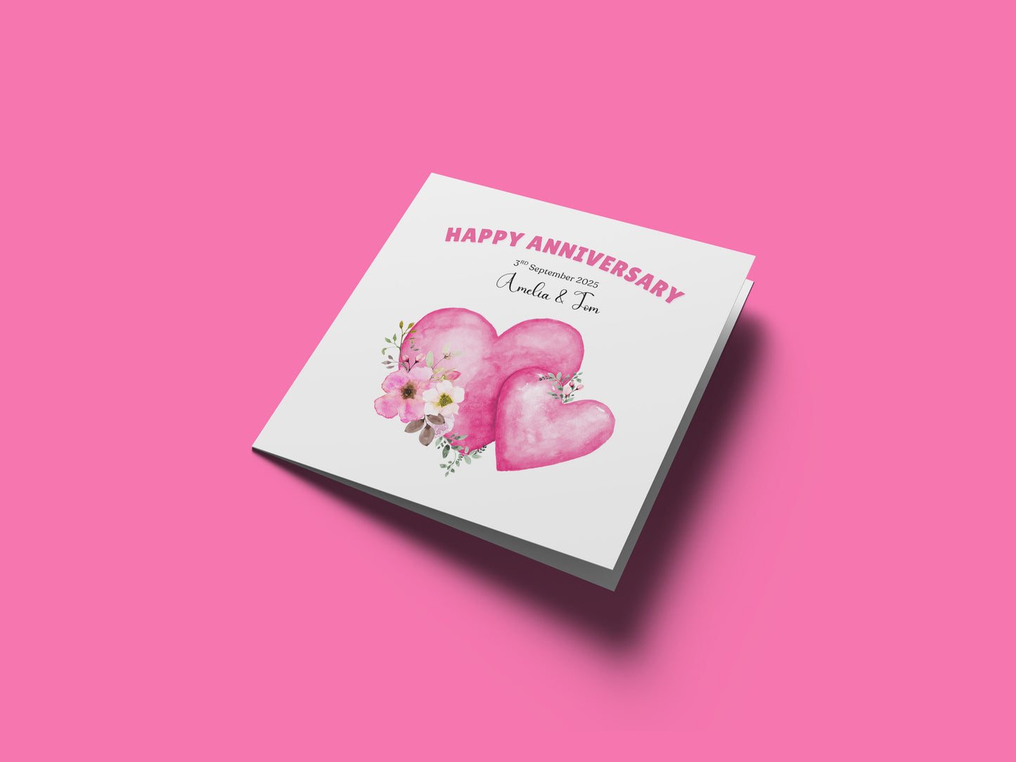 Personalized Wedding Anniversary Card – Two Pink Hearts & Floral Design with Customised Names and Date– for Couples, Husband, Wife, Relationship, Engagement, 1st Date – Pink Envelope Included
