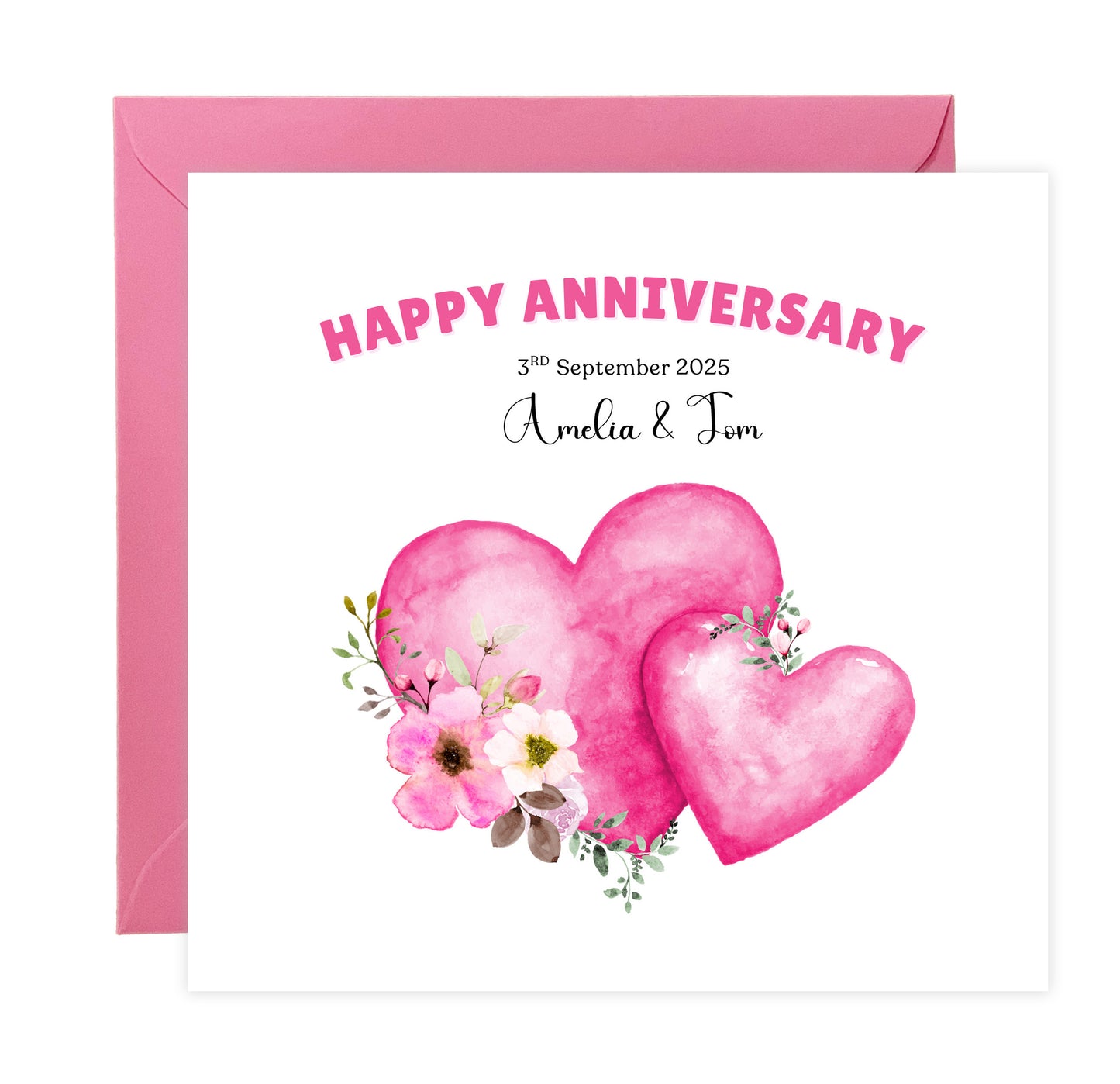 Personalized Wedding Anniversary Card – Two Pink Hearts & Floral Design with Customised Names and Date– for Couples, Husband, Wife, Relationship, Engagement, 1st Date – Pink Envelope Included