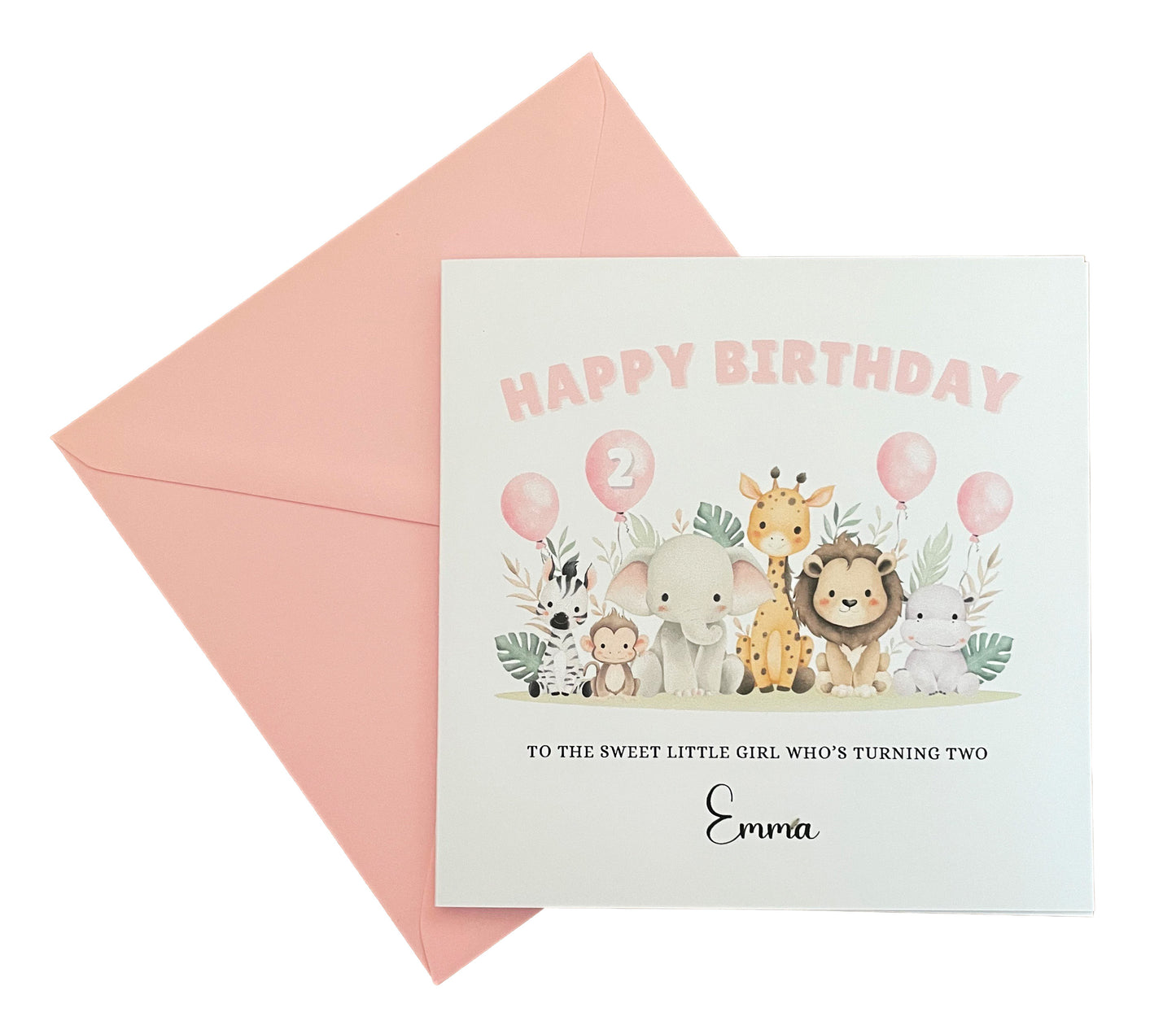 Safari Animals-Personalised Birthday Folded Card for Girls, Custom Name, Age and Message Watercolour Effect Happy Birthday Card, Any Age Birthday, 1st 2nd 3rd 4th 5th 6th 7th 8th 9th 10th, Customisable Birthday Card for Children