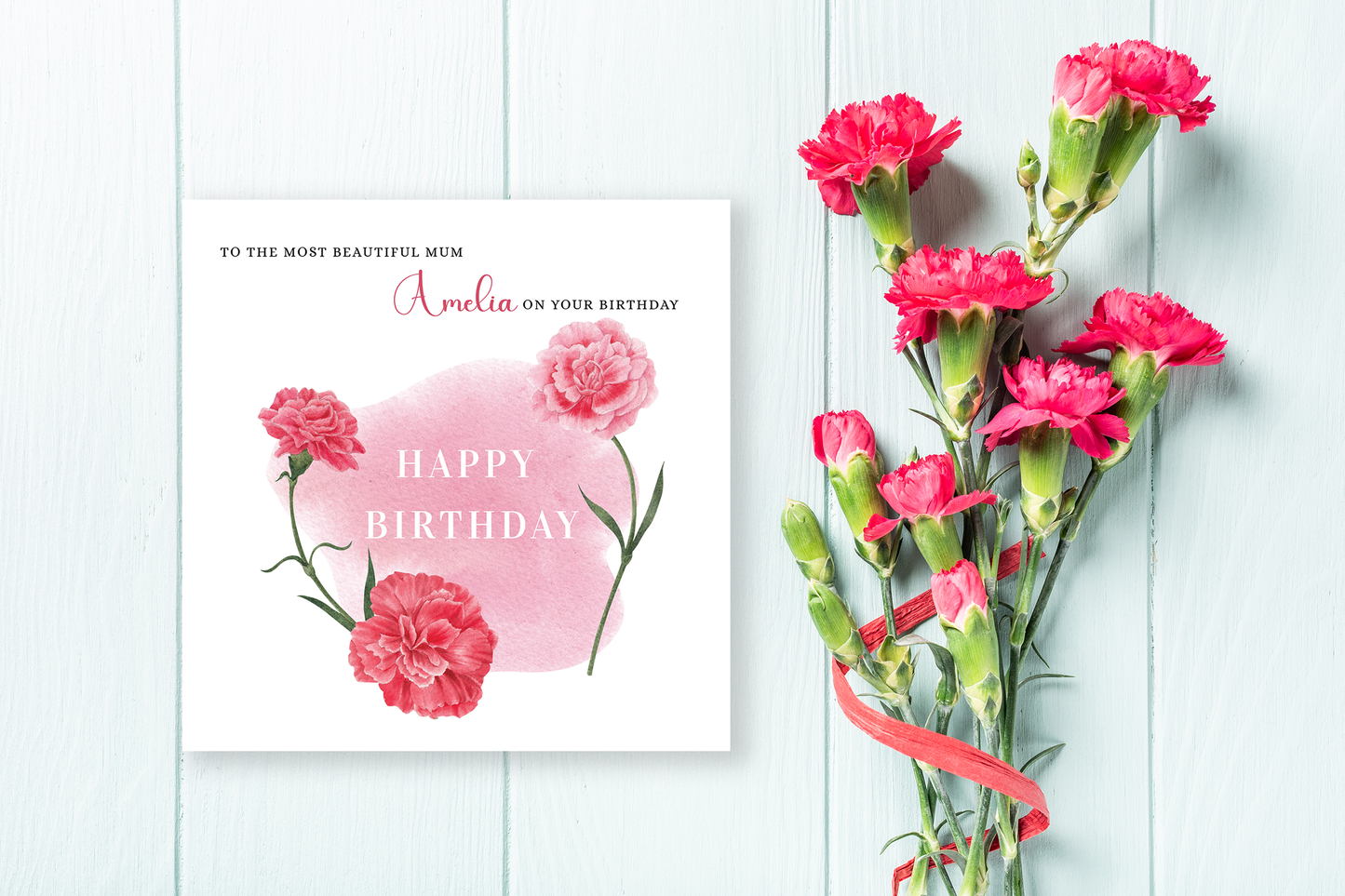 Personalised Mum Birthday Card – Elegant Carnation Flower Design – Custom Name & Message – Handmade Floral Watercolour Card for Mother, Mummy, Mam – Red Envelope Included