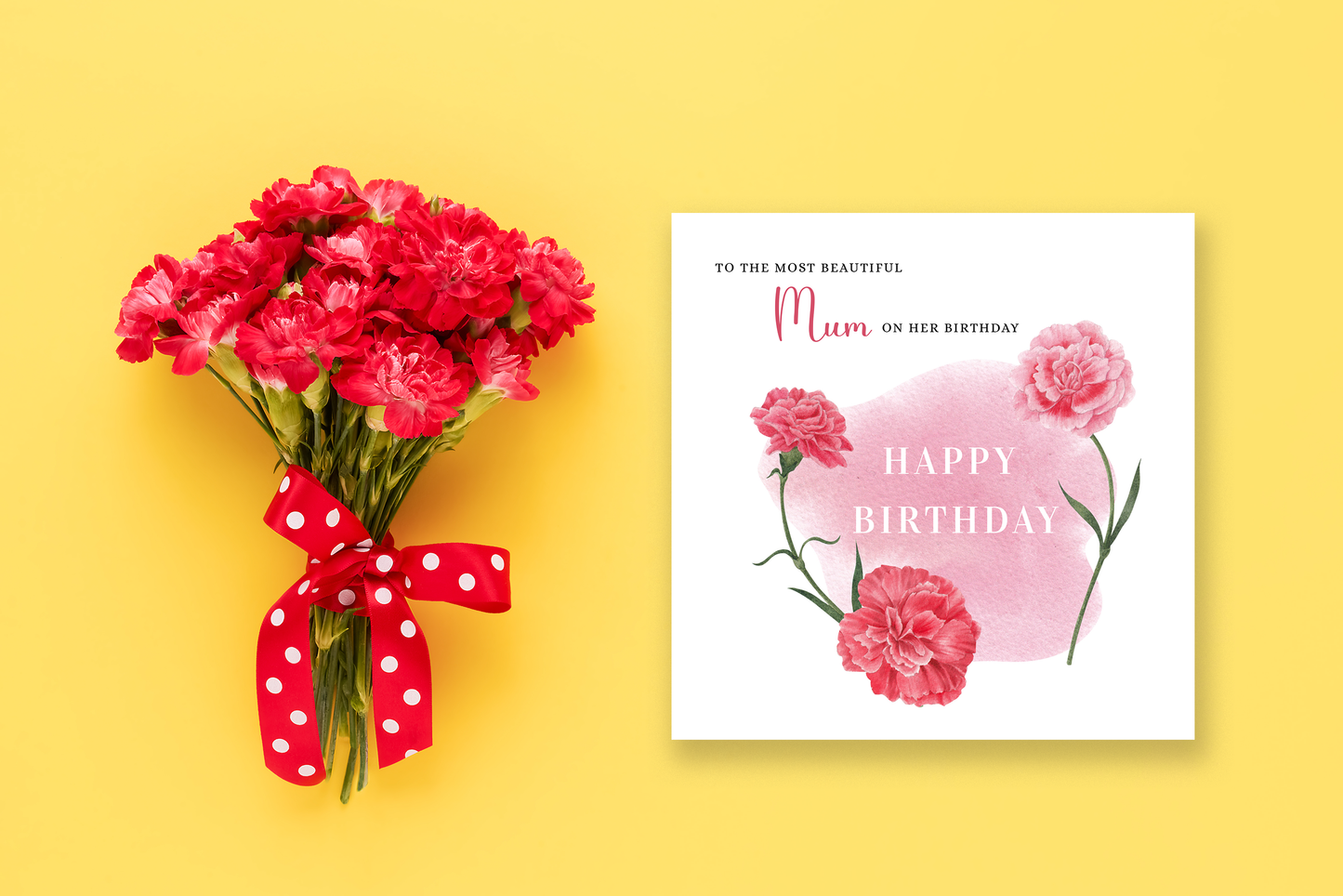Carnation Floral Birthday Card – Watercolour Flowers for Mum or Mother - Red Envelope Included