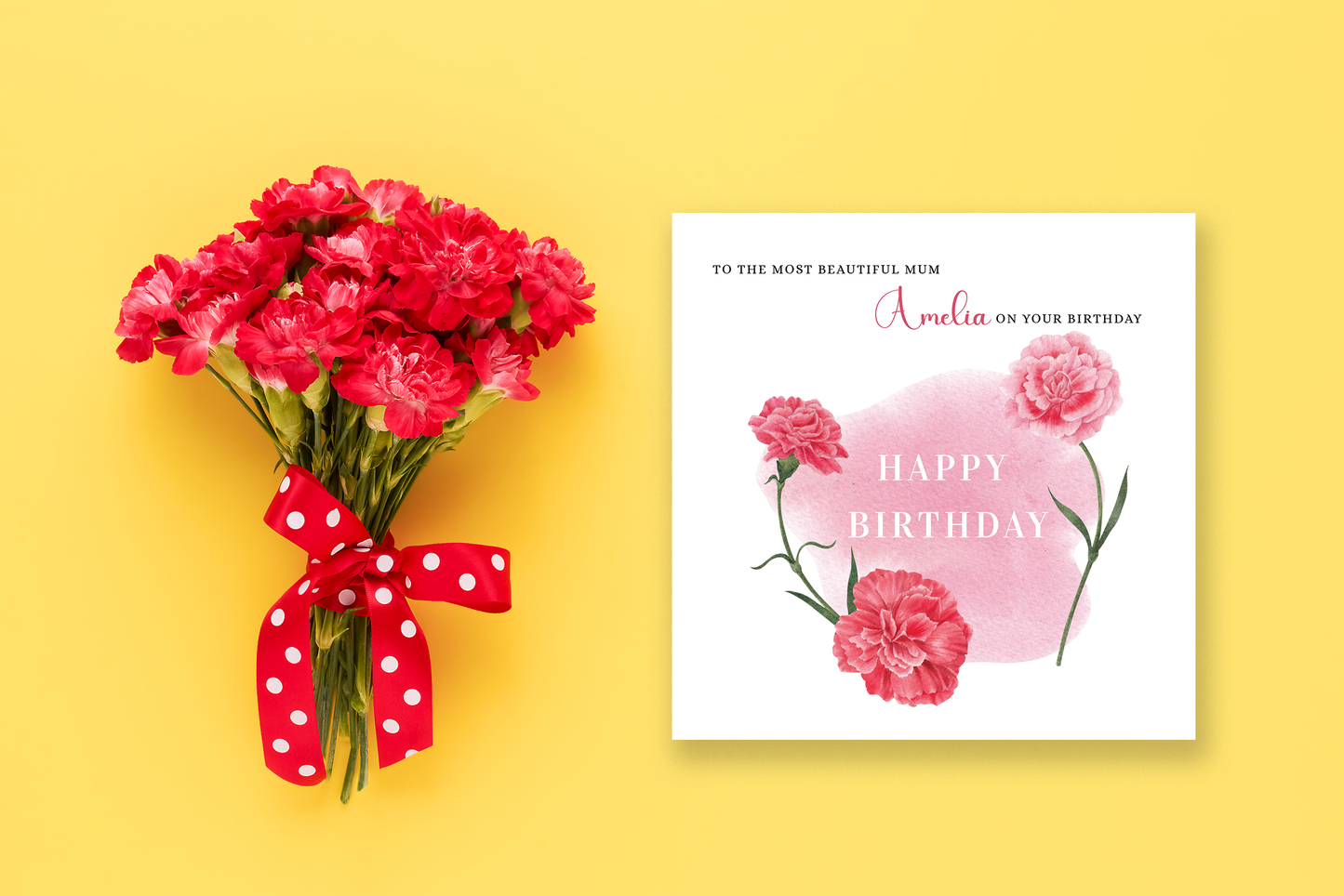 Personalised Mum Birthday Card – Elegant Carnation Flower Design – Custom Name & Message – Handmade Floral Watercolour Card for Mother, Mummy, Mam – Red Envelope Included
