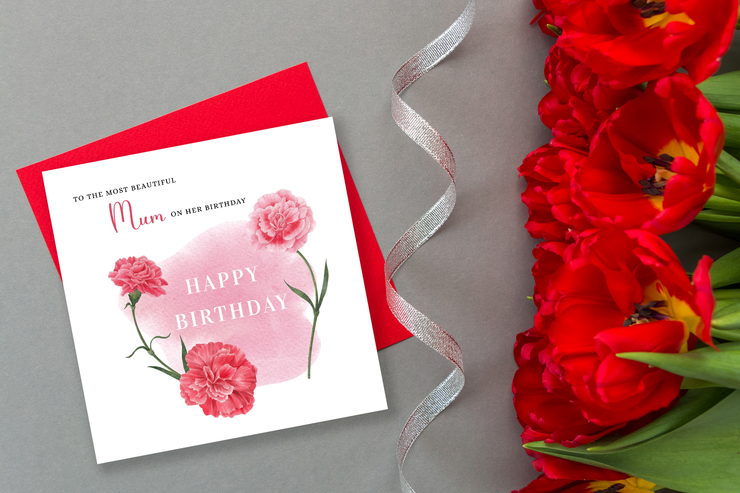 Carnation Floral Birthday Card – Watercolour Flowers for Mum or Mother - Red Envelope Included