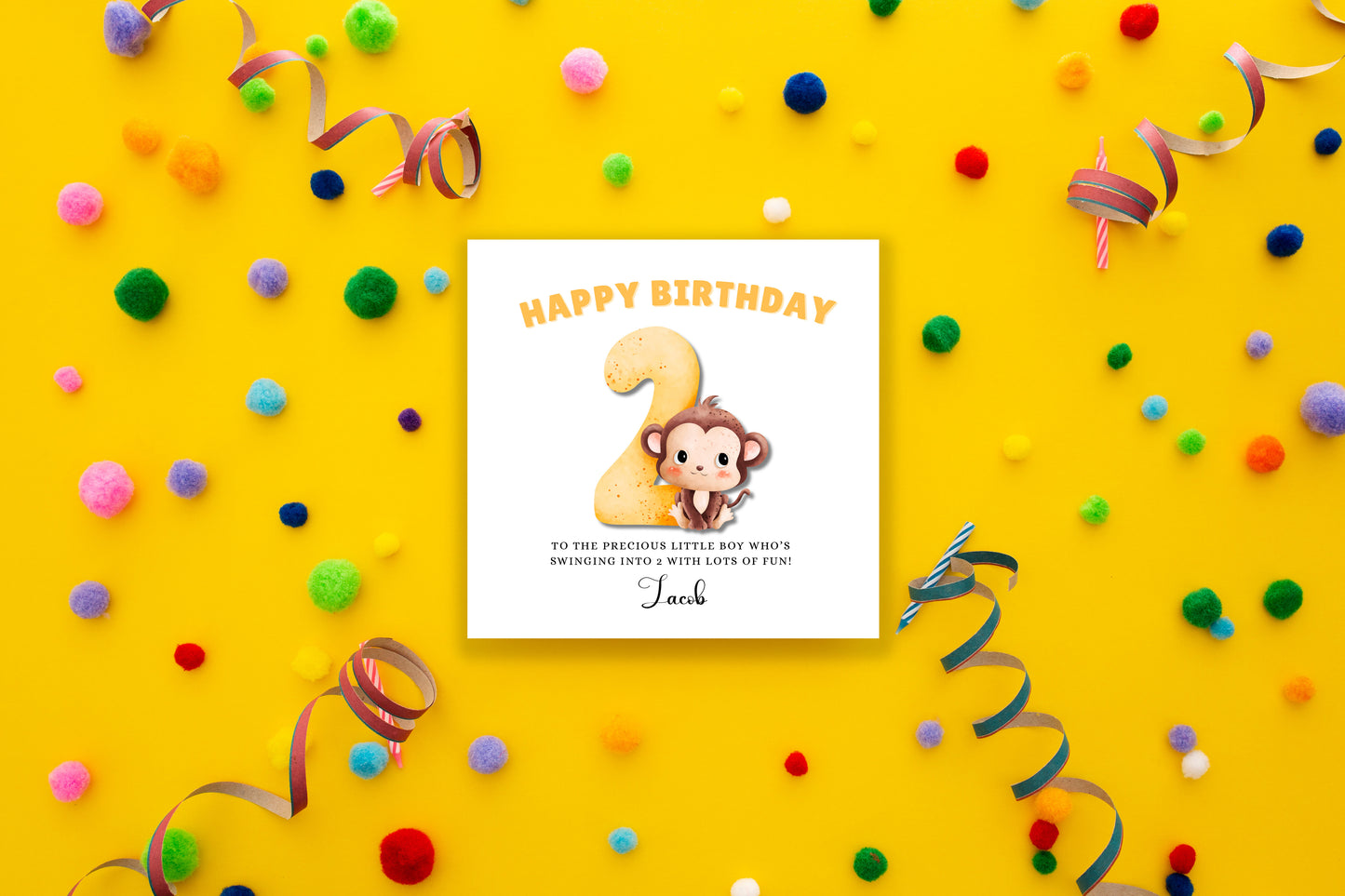Little Monkey -Personalised Watercolour Effect 2 Year Birthday Folded Card for Boys, Custom Name and Message Two-Year-Old Happy 2nd Birthday Card, Customisable Birthday Card for Children