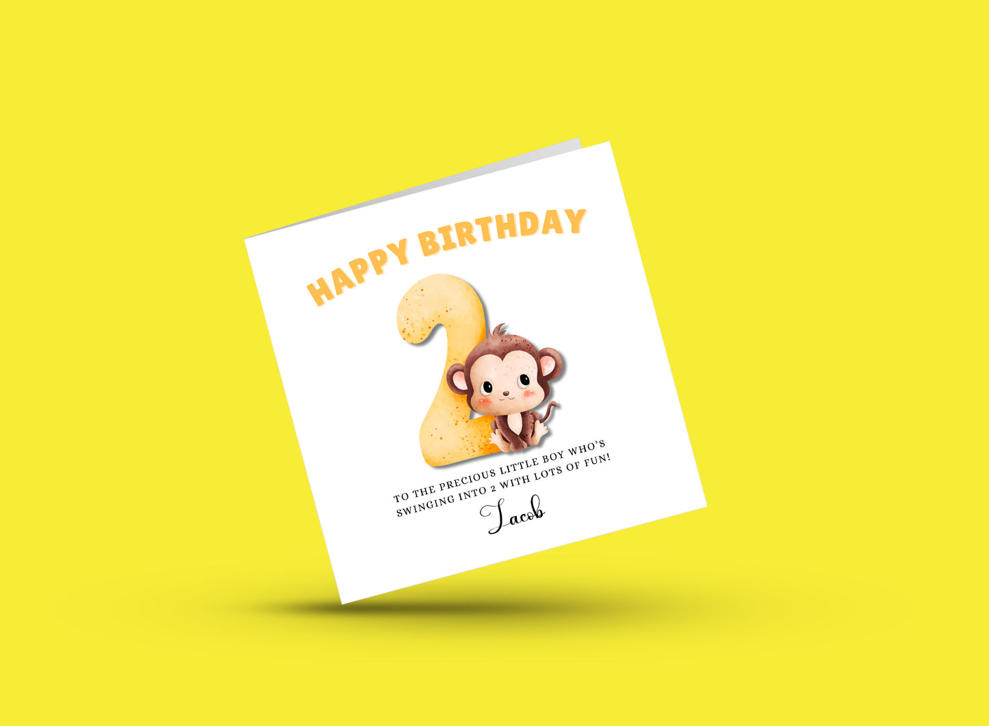 Little Monkey -Personalised Watercolour Effect 2 Year Birthday Folded Card for Boys, Custom Name and Message Two-Year-Old Happy 2nd Birthday Card, Customisable Birthday Card for Children