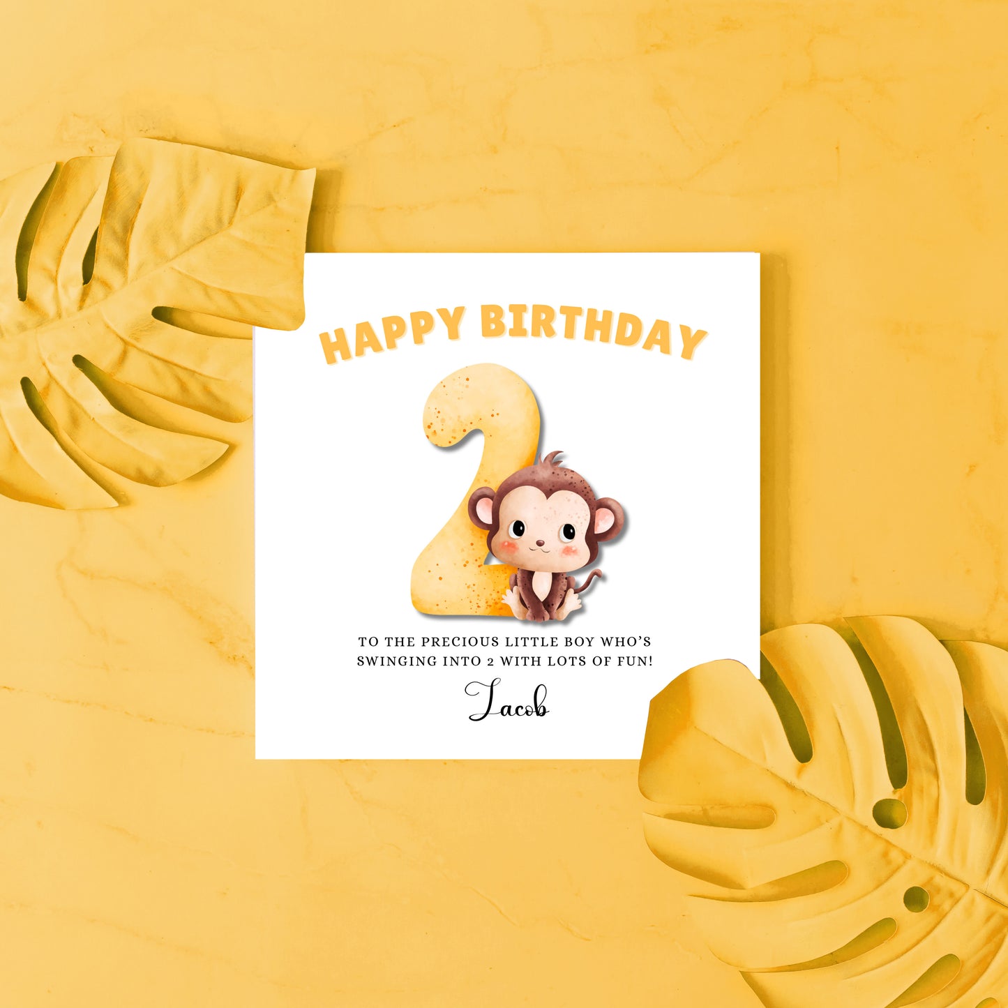 Little Monkey -Personalised Watercolour Effect 2 Year Birthday Folded Card for Boys, Custom Name and Message Two-Year-Old Happy 2nd Birthday Card, Customisable Birthday Card for Children