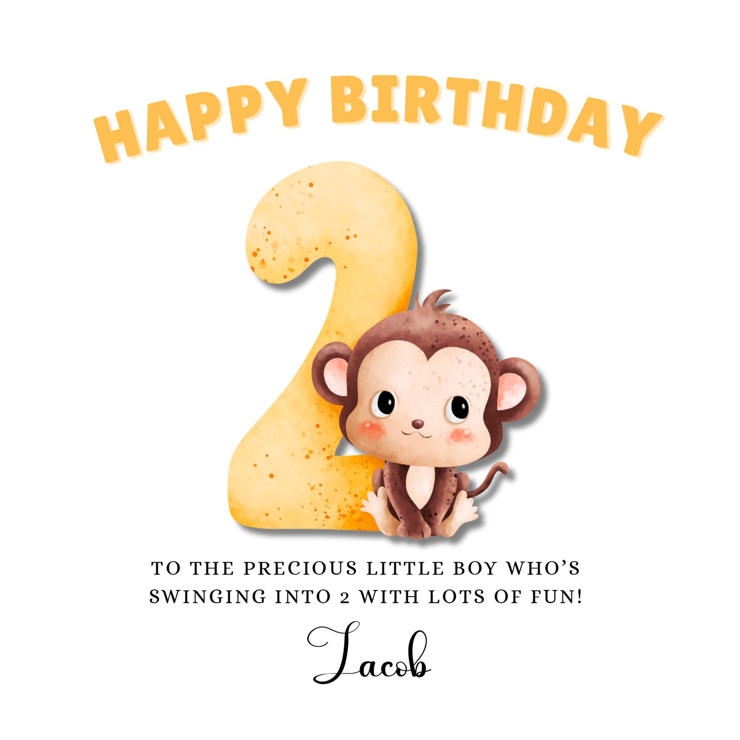 Little Monkey -Personalised Watercolour Effect 2 Year Birthday Folded Card for Boys, Custom Name and Message Two-Year-Old Happy 2nd Birthday Card, Customisable Birthday Card for Children
