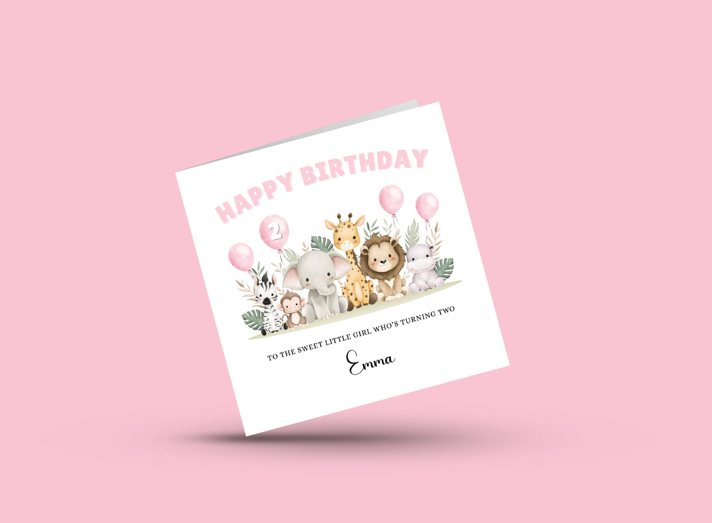 Safari Animals-Personalised Birthday Folded Card for Girls, Custom Name, Age and Message Watercolour Effect Happy Birthday Card, Any Age Birthday, 1st 2nd 3rd 4th 5th 6th 7th 8th 9th 10th, Customisable Birthday Card for Children