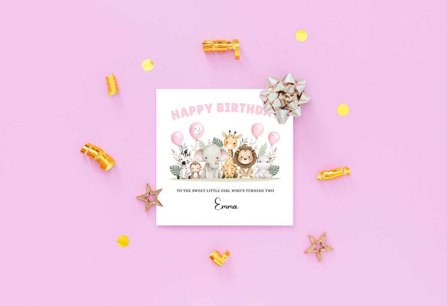 Safari Animals-Personalised Birthday Folded Card for Girls, Custom Name, Age and Message Watercolour Effect Happy Birthday Card, Any Age Birthday, 1st 2nd 3rd 4th 5th 6th 7th 8th 9th 10th, Customisable Birthday Card for Children