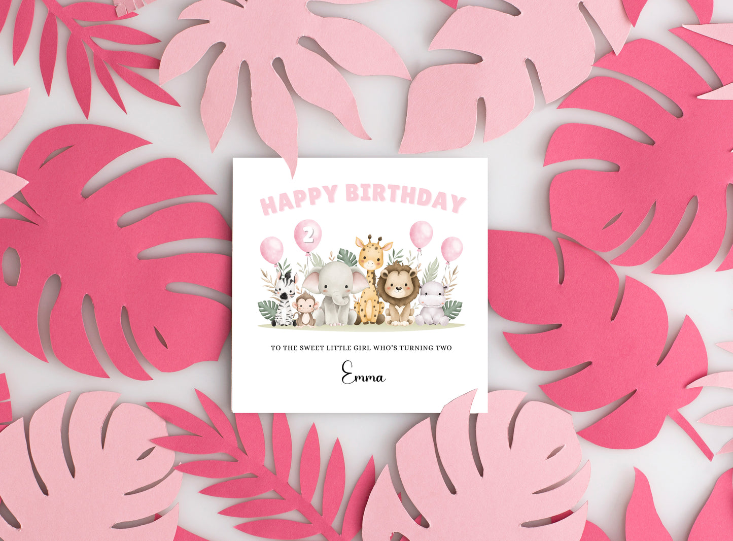 Safari Animals-Personalised Birthday Folded Card for Girls, Custom Name, Age and Message Watercolour Effect Happy Birthday Card, Any Age Birthday, 1st 2nd 3rd 4th 5th 6th 7th 8th 9th 10th, Customisable Birthday Card for Children