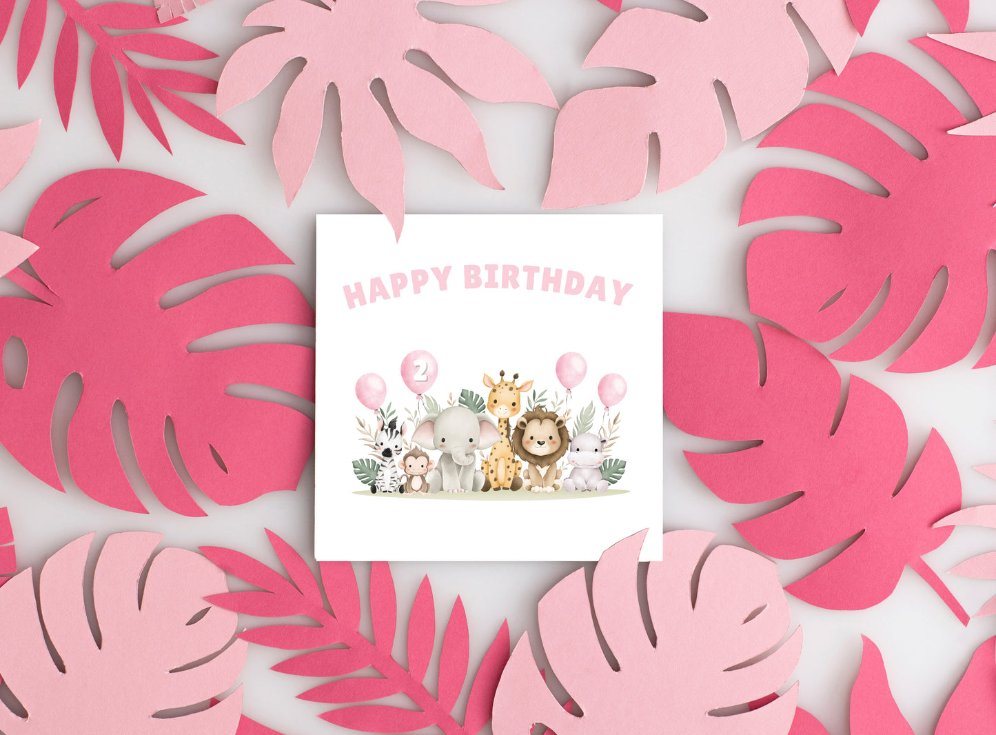 Safari Jungle Animals Happy Birthday Card, one Balloon contains the Birthday Age from 1 to 10 -Birthday Card for Baby Girl, Daughter, Granddaughter, Niece, Children's Birthday Card – Pink Envelope Included