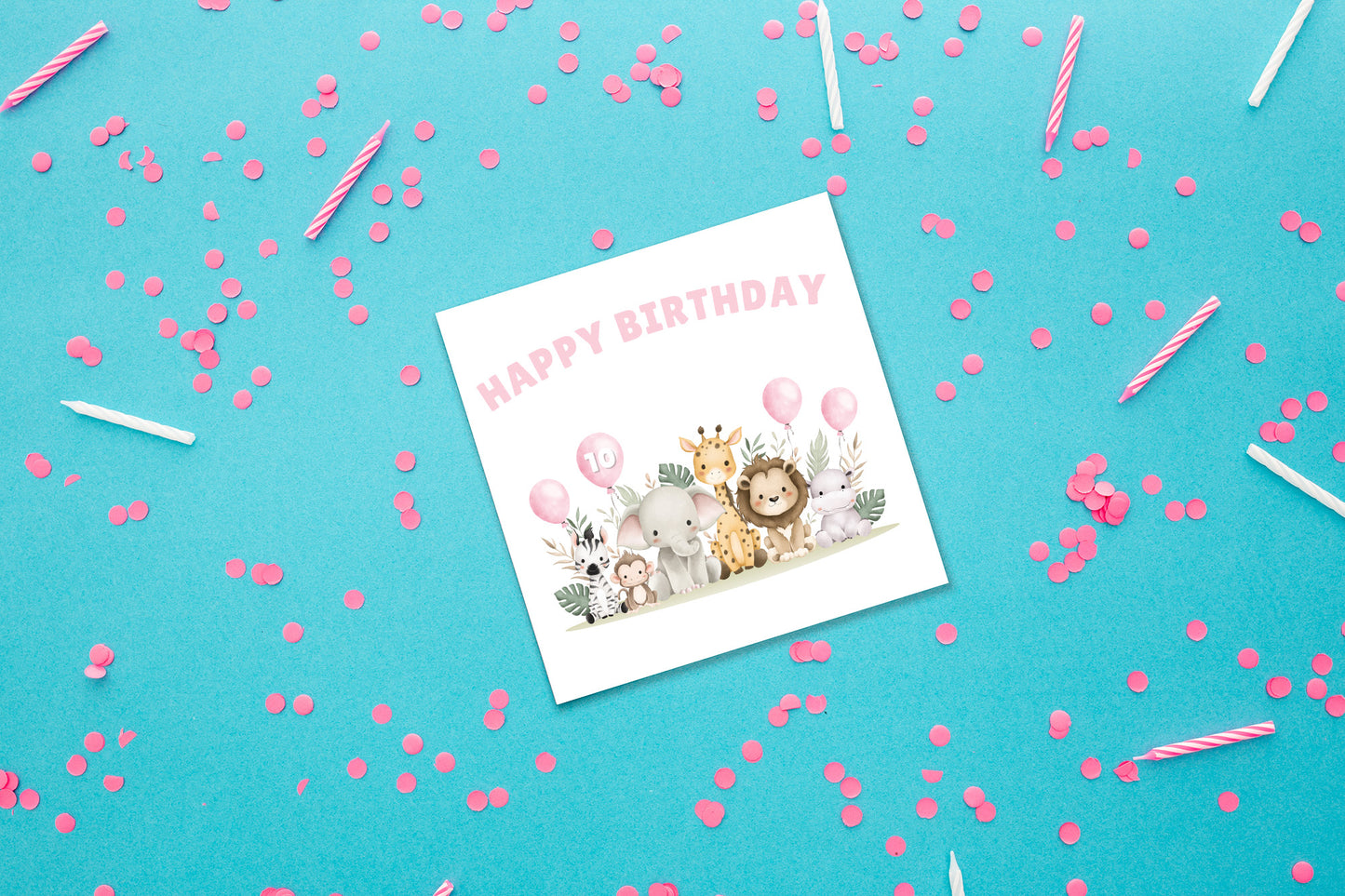 Safari Jungle Animals Happy Birthday Card, one Balloon contains the Birthday Age from 1 to 10 -Birthday Card for Baby Girl, Daughter, Granddaughter, Niece, Children's Birthday Card – Pink Envelope Included