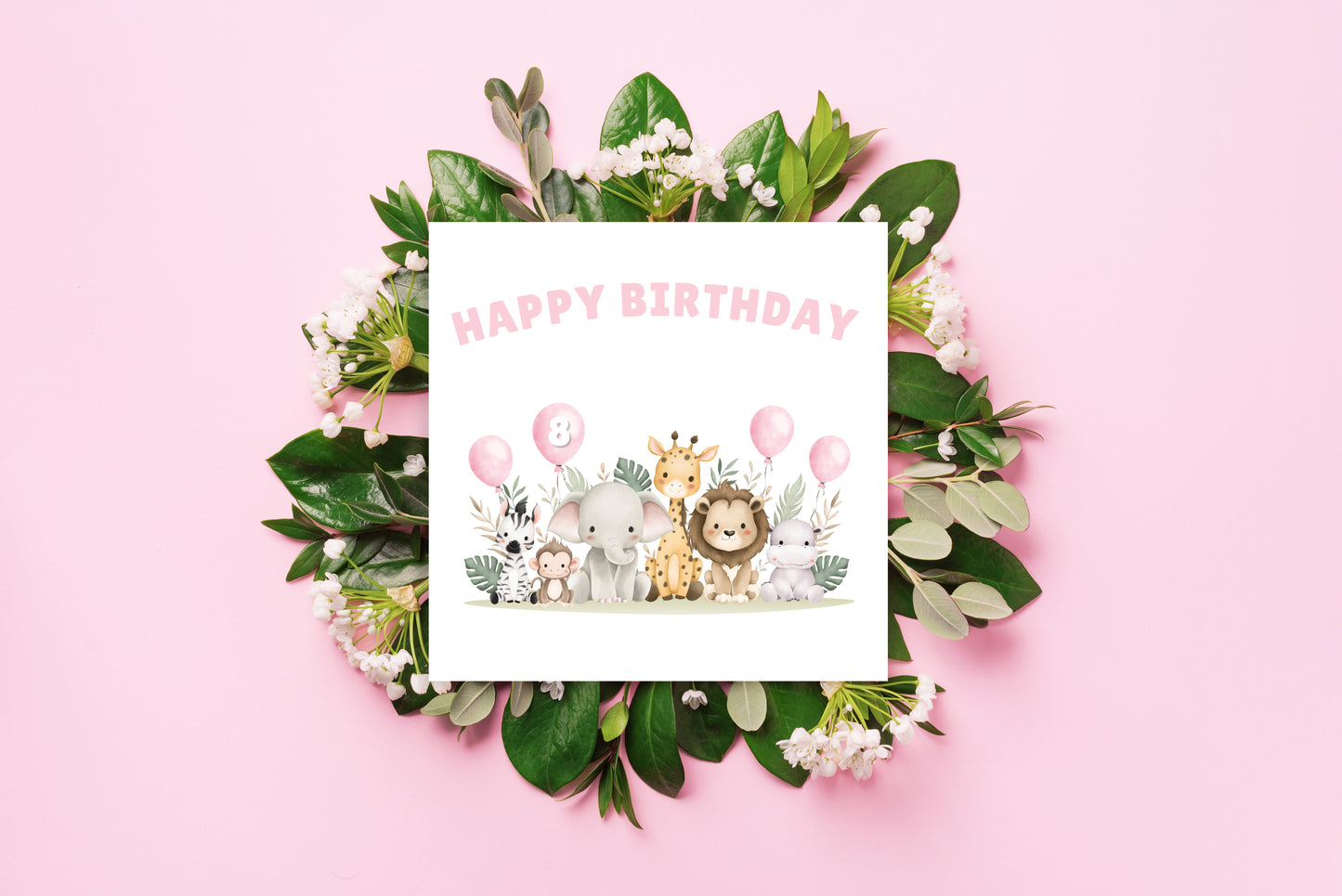 Safari Jungle Animals Happy Birthday Card, one Balloon contains the Birthday Age from 1 to 10 -Birthday Card for Baby Girl, Daughter, Granddaughter, Niece, Children's Birthday Card – Pink Envelope Included