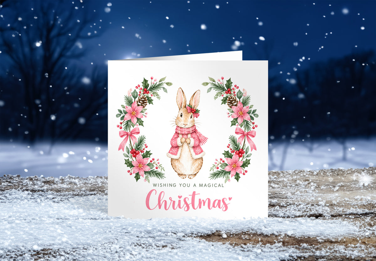 Merry Christmas Card for Girls – Pink Festive Bunny and Xmas Wreath