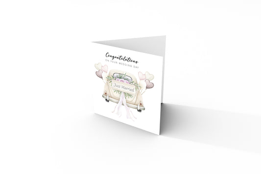 Elegant Wedding Car Wedding Card - Romantic Wedding Congratulations Card for Newlywed Couples, for Him or for Her - Kraft Envelope Included